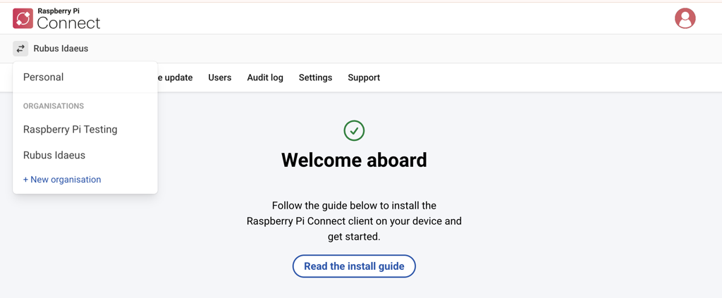The Raspberry Pi Connect interface, showing the account switcher dropdown menu. The account switcher lets you change between your personal and organisation Connect accounts.