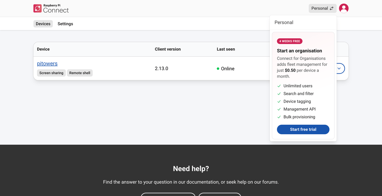 The Raspberry Pi Connect interface, showing the account switcher dropdown menu. The account switcher lets you change between your personal and organisation Connect accounts.