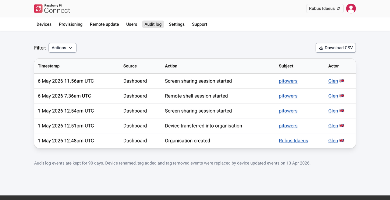 The Connect audit interface, showing the dropdown filter menu and the results.
