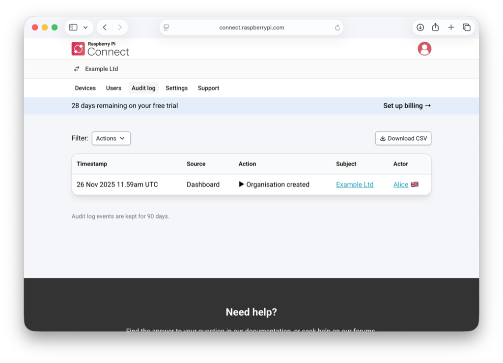 The Connect audit interface, showing the dropdown filter menu and the results.