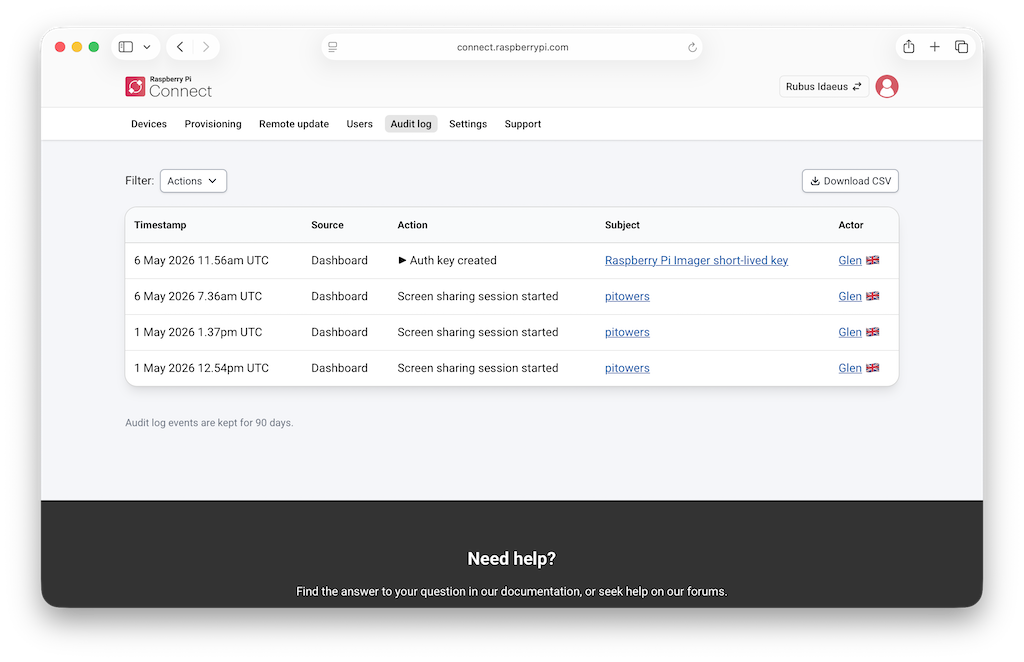 The Connect audit interface, showing the dropdown filter menu and the results.