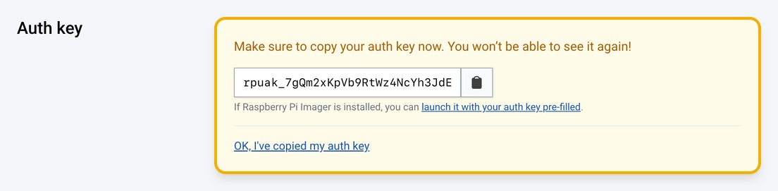 The Auth key view in Raspberry Pi Connect, showing an authorisation key ready to be copied and pasted