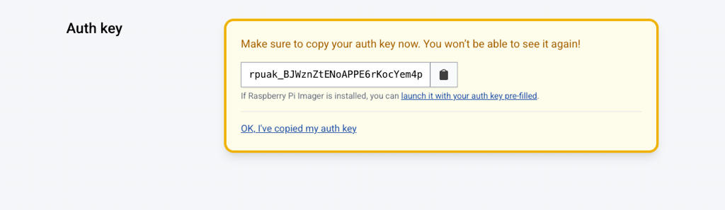 The Auth key view in Raspberry Pi Connect, showing an authorisation key ready to be copied and pasted
