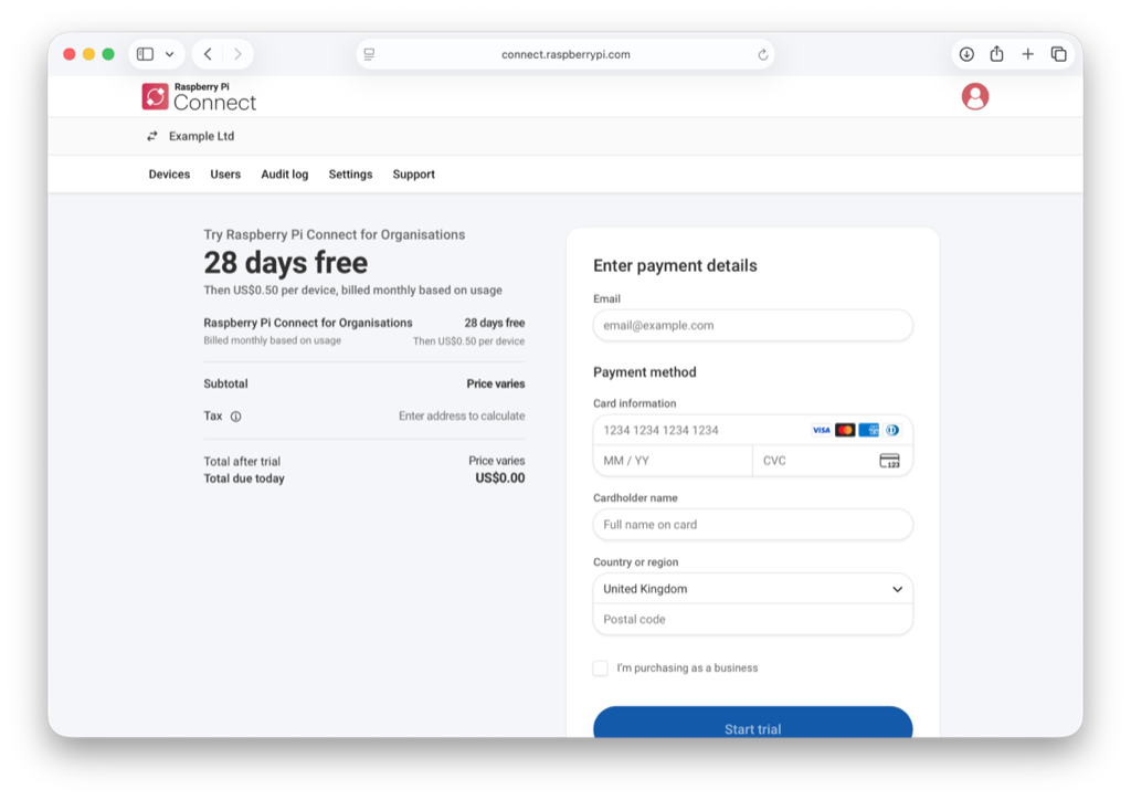 The Connect billing interface, showing the 28-day free trial and payment details fields that you have to fill in to start your trial.