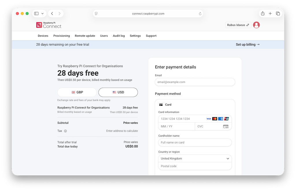 The Connect billing interface, showing the 28-day free trial and payment details fields that you have to fill in to start your trial.