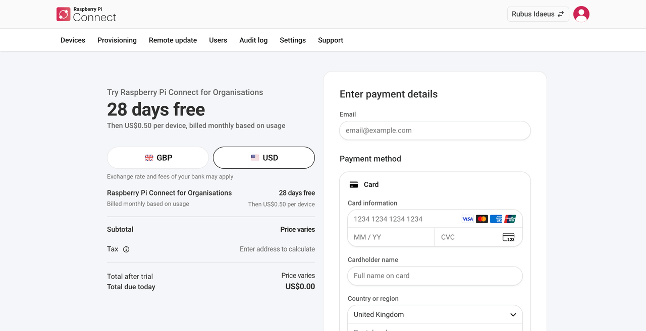 The Connect billing interface, showing the 28-day free trial and payment details fields that you have to fill in to start your trial.
