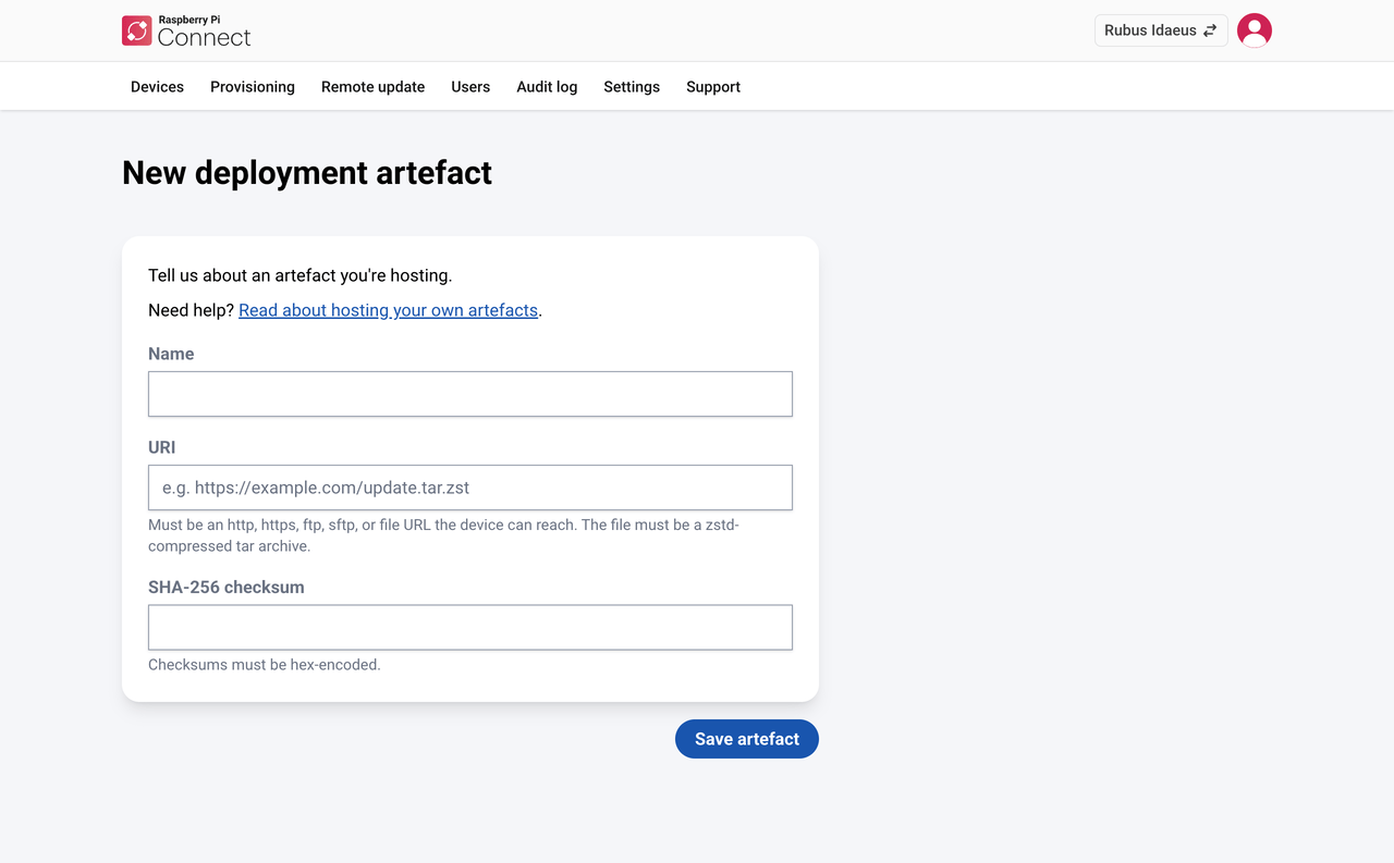 The host your own artefact screen, showing the required fields: Name, URI, and SHA-256 checksum
