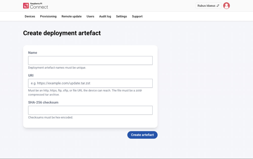 The create deployment artefact screen, showing the required fields: Name, URI, and SHA-256 checksum