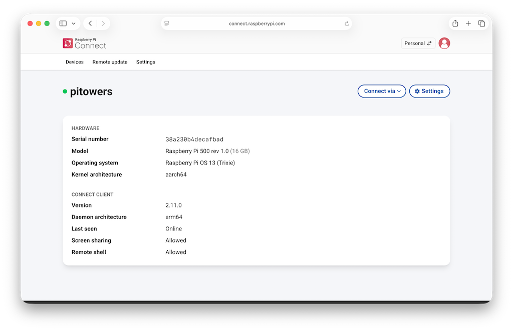 The details page for a specific device, showing hardware and Connect client details.
