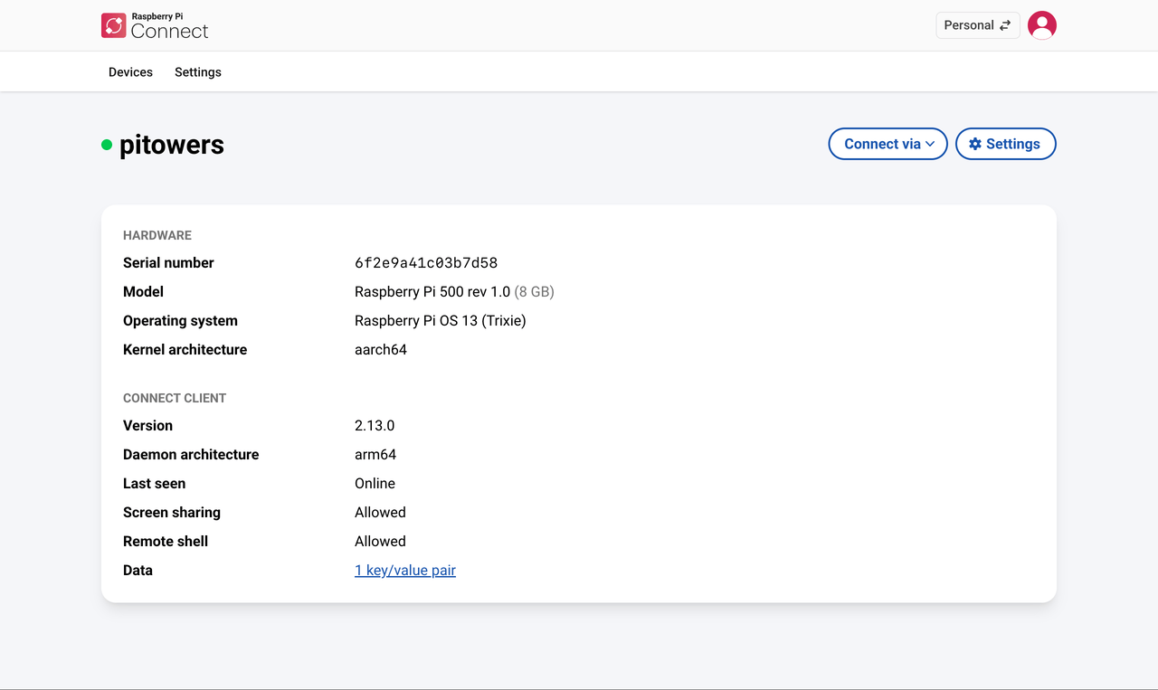 The details page for a specific device, showing hardware and Connect client details.