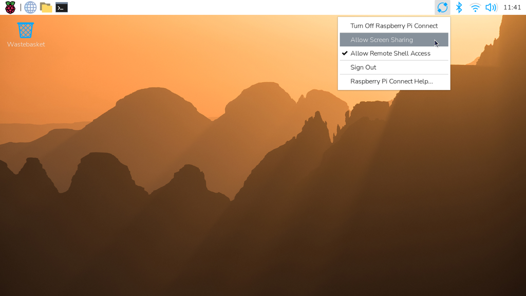 The Connect interface, showing dropdown menu that contains an option to allow screen sharing.