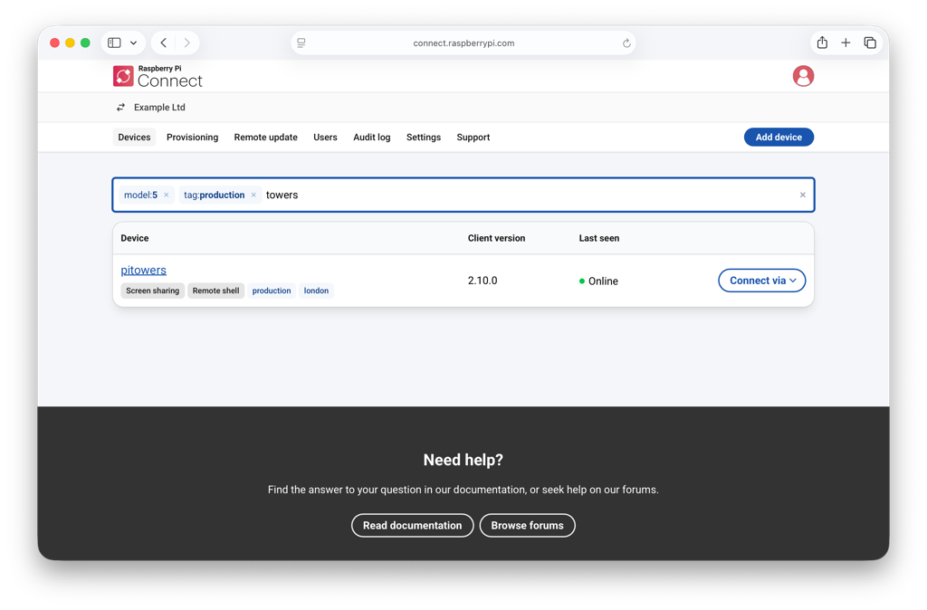 The device list with model and tag filters applied in the search bar.