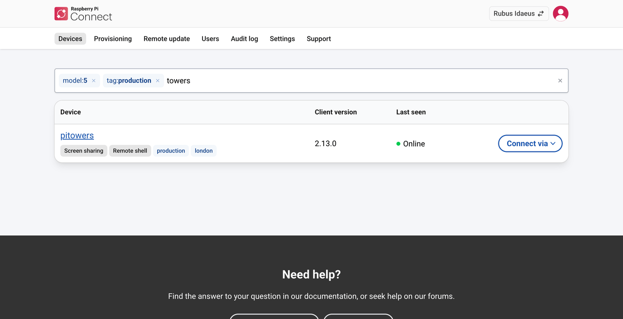 The device list with model and tag filters applied in the search bar.
