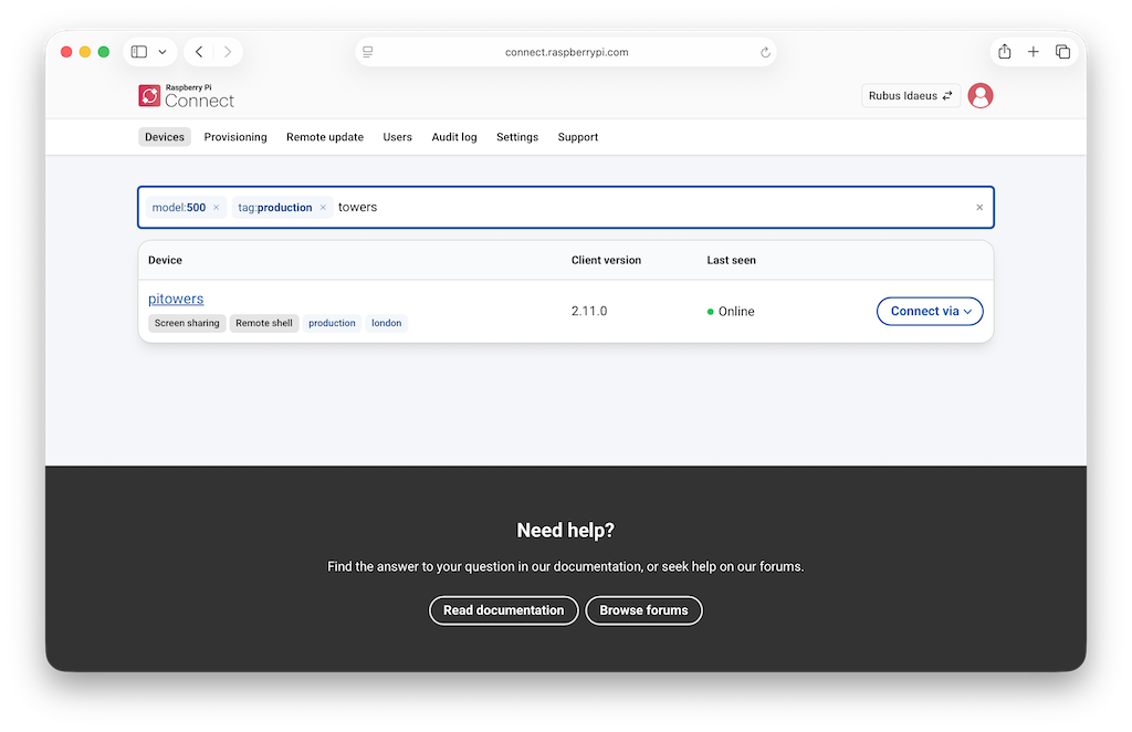 The device list with model and tag filters applied in the search bar.