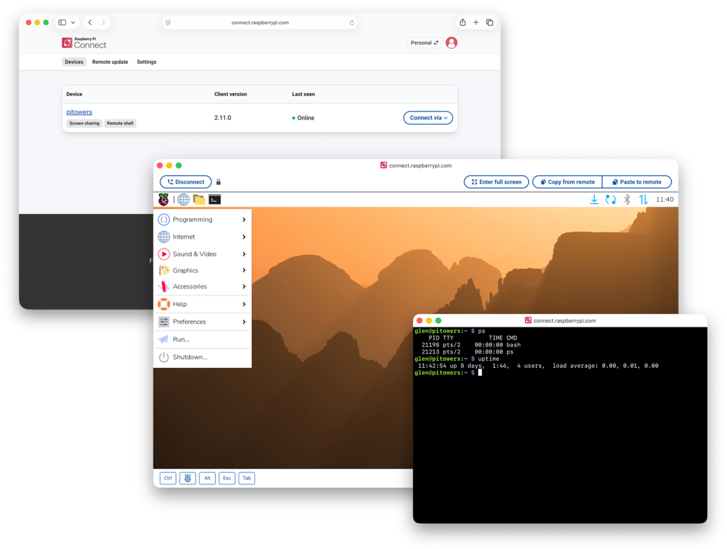 An image showing three different Raspberry Pi Connect screens: the user interface, the operating system graphical user interface, and the the Terminal view.