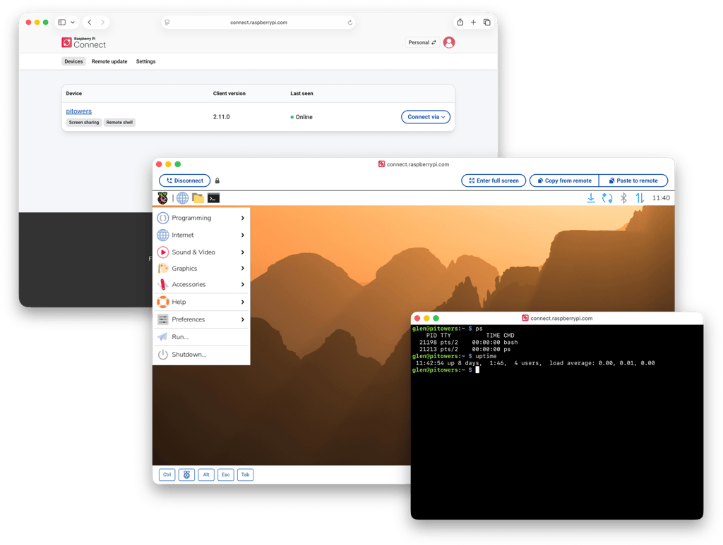 An image showing three different Raspberry Pi Connect screens: the user interface, the operating system graphical user interface, and the Terminal view.