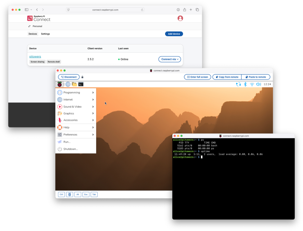 An image showing three different Raspberry Pi Connect screens: the user interface, the operating system graphical user interface, and the the Terminal view.