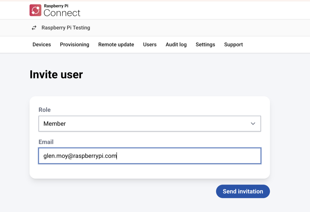 The Connect interface, showing the Invite user page that consists of a role dropdown menu, an email address, and a Send invitation button.