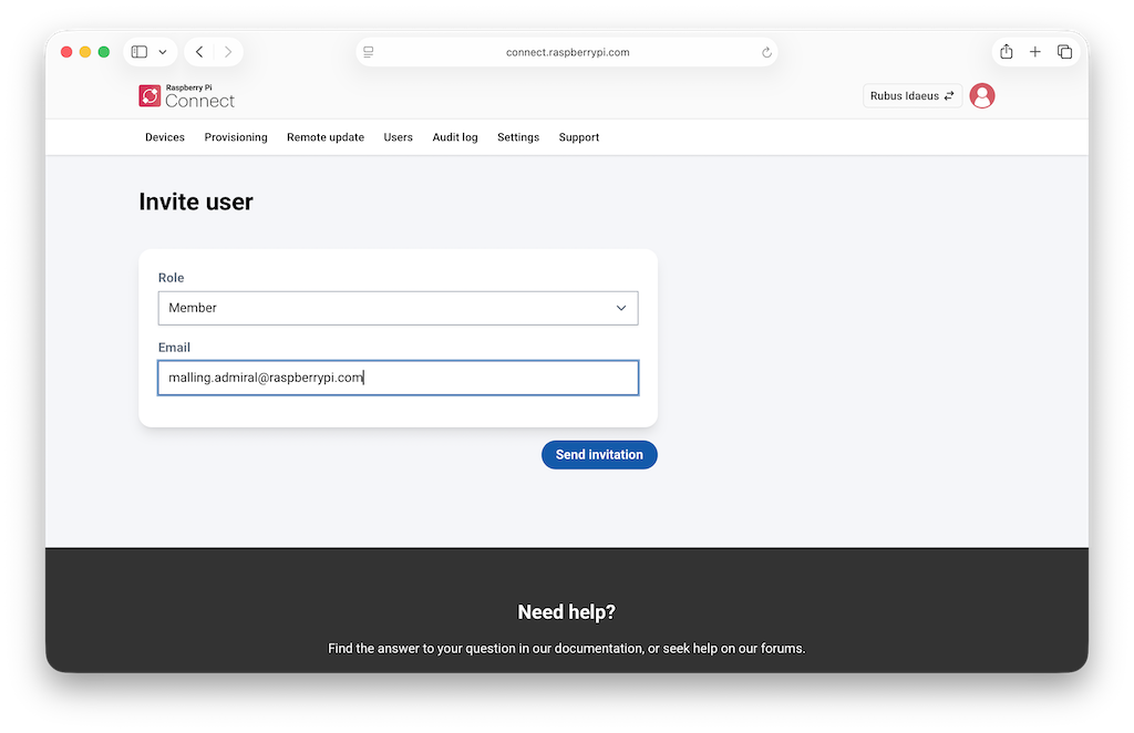 The Connect interface, showing the Invite user page that consists of a role dropdown menu, an email address, and a Send invitation button.