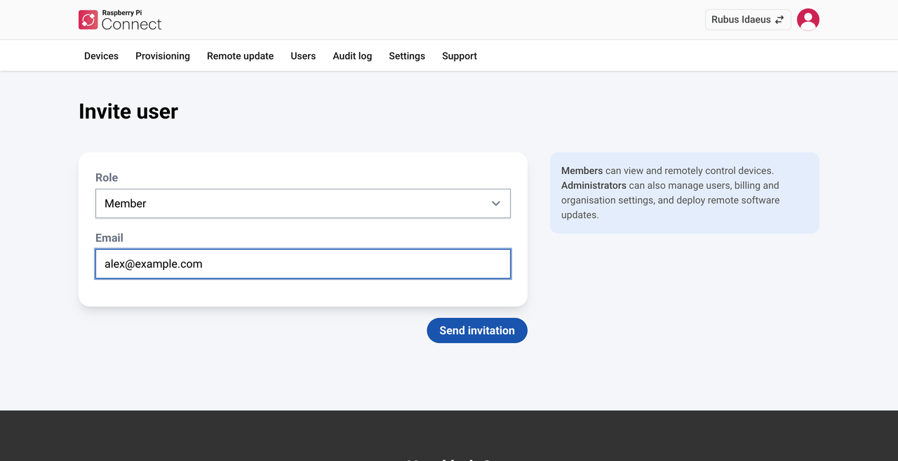 The Connect interface, showing the Invite user page that consists of a role dropdown menu, an email address, and a Send invitation button.