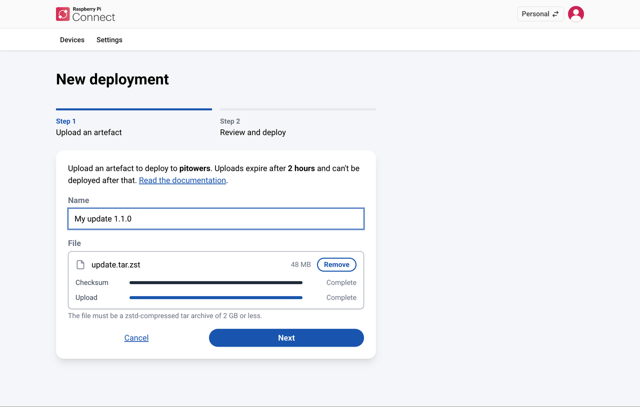 Step 1 of the New deployment screen in Raspberry Pi Connect, showing the Name field filled in and an uploaded artefact file with its checksum and upload both complete