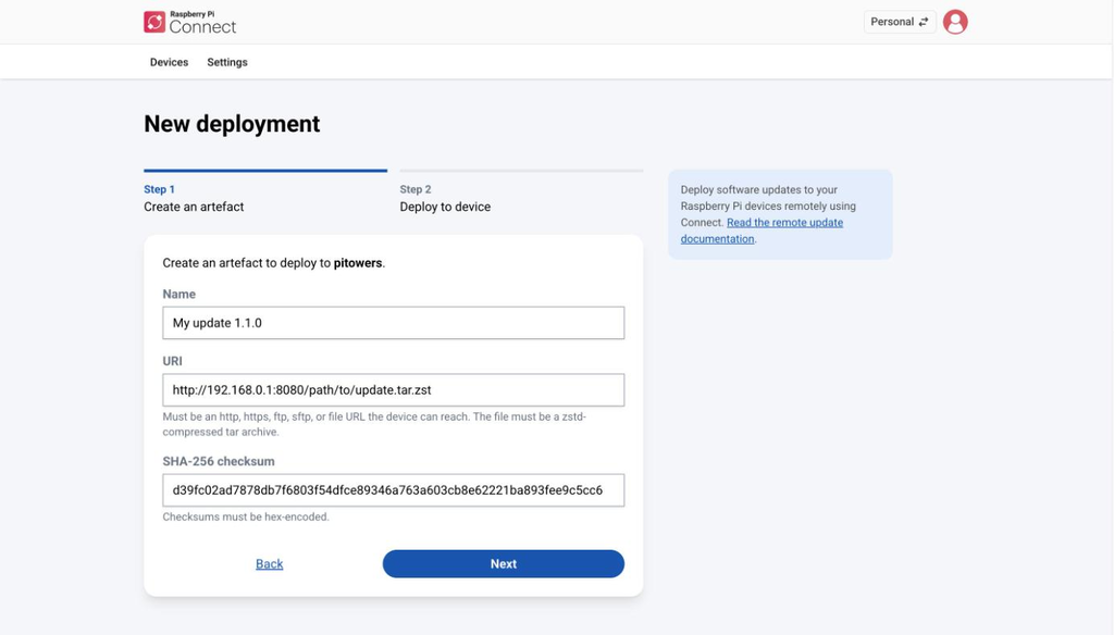 Step 1 of the New deployment screen in Raspberry Pi Connect, showing the Name, URI, and SHA-256 checksum fields filled in for a new artefact