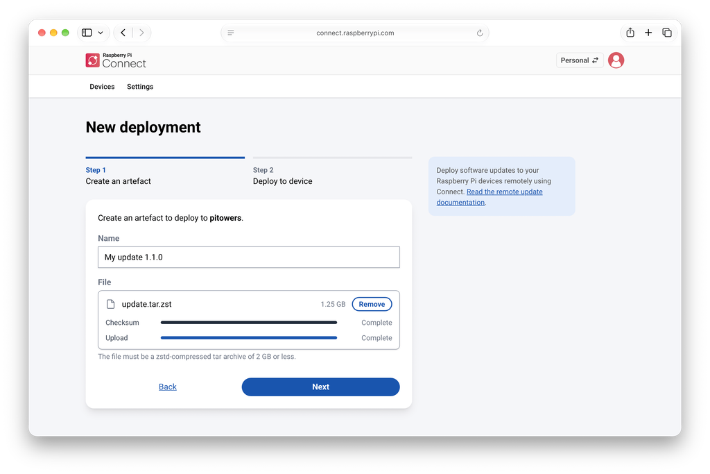 Step 1 of the New deployment screen in Raspberry Pi Connect, showing the Name field filled in and an uploaded artefact file with its checksum and upload both complete