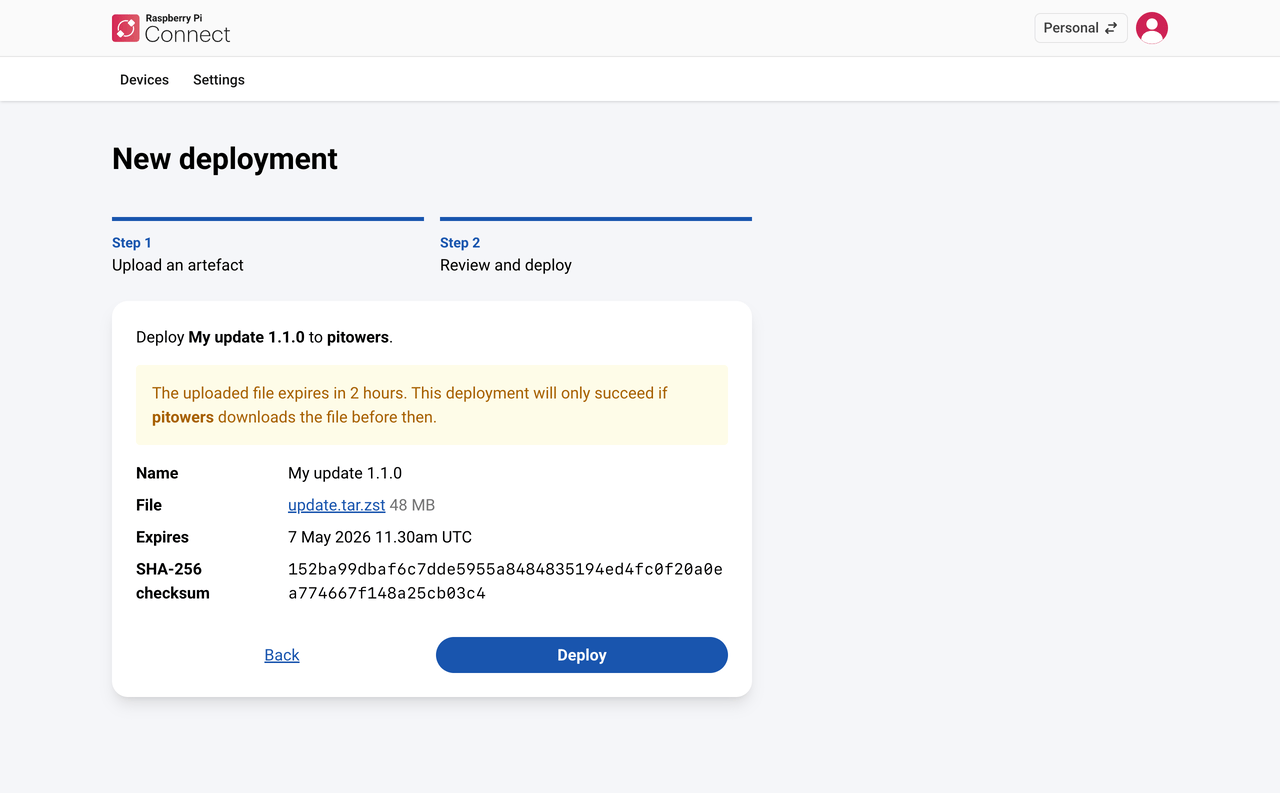 Step 2 of the New deployment screen in Raspberry Pi Connect, showing the name, file, and checksum of the artefact to be deployed, with a Deploy button