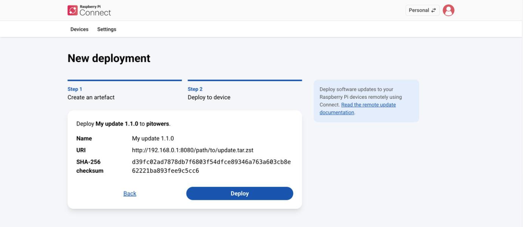 Step 2 of the New deployment screen in Raspberry Pi Connect, showing the name, URI, and checksum of the artefact to be deployed, with a Deploy button