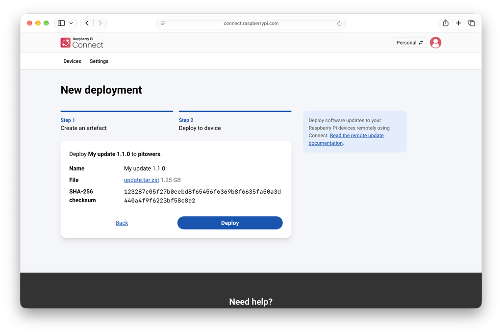 Step 2 of the New deployment screen in Raspberry Pi Connect, showing the name, file, and checksum of the artefact to be deployed, with a Deploy button