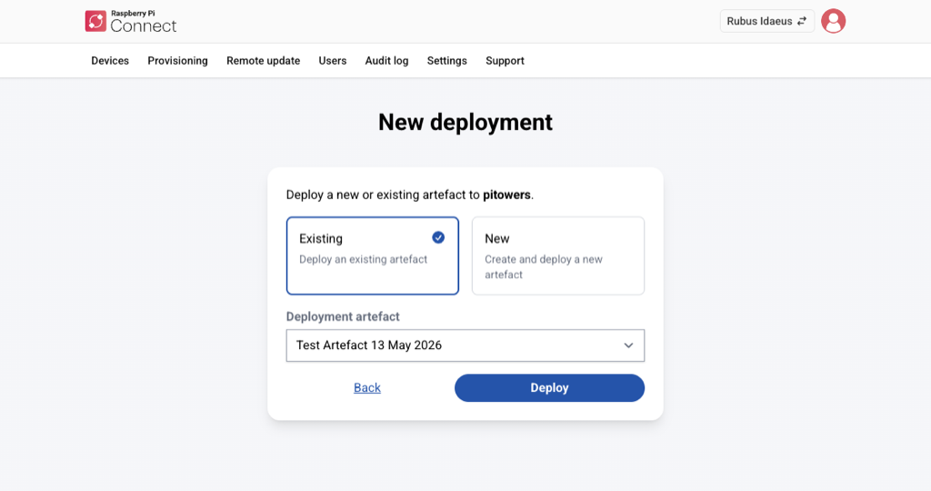 The new deployment screen in Raspberry Pi Connect, showing the option to select an existing artefact or create a new one