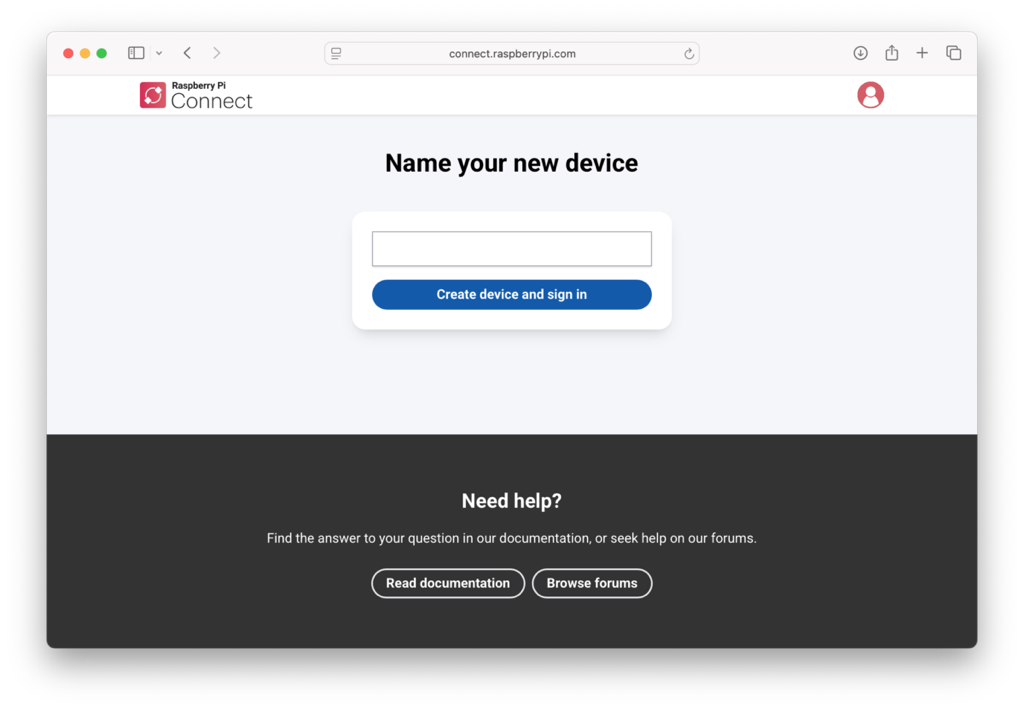 The Connect page inviting you to create a new device and sign in.