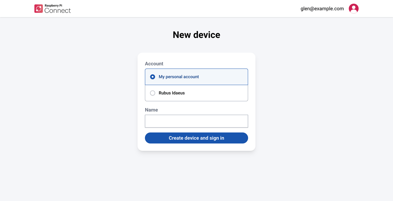 The Connect page, showing the new device account selection screen.