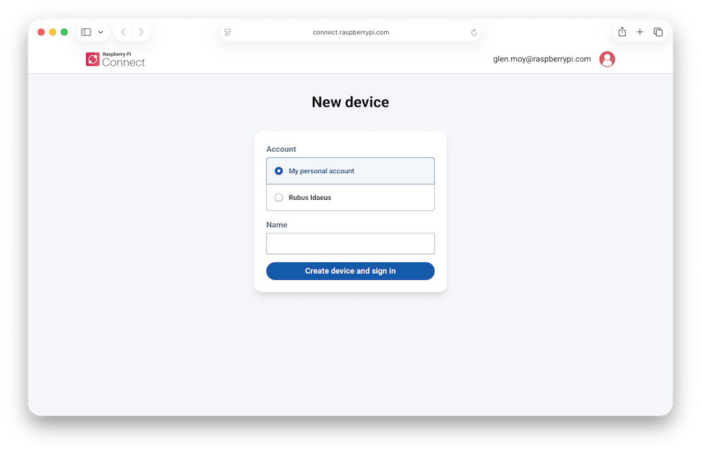 The Connect page, showing the new device account selection screen.