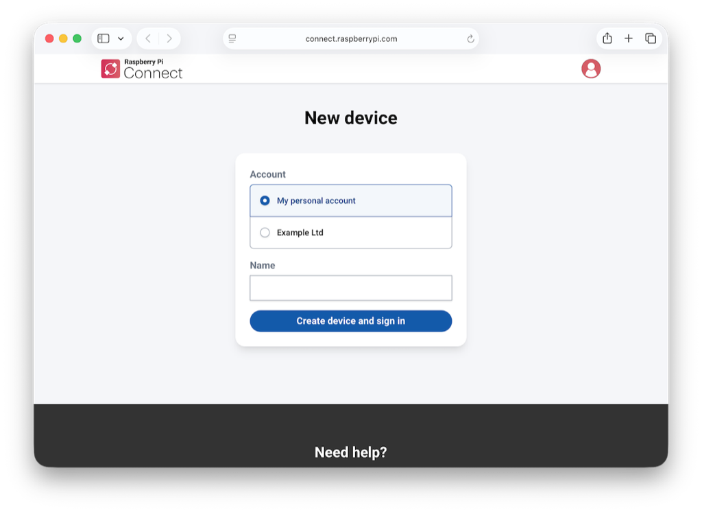 The Connect page, showing the new device account selection screen.