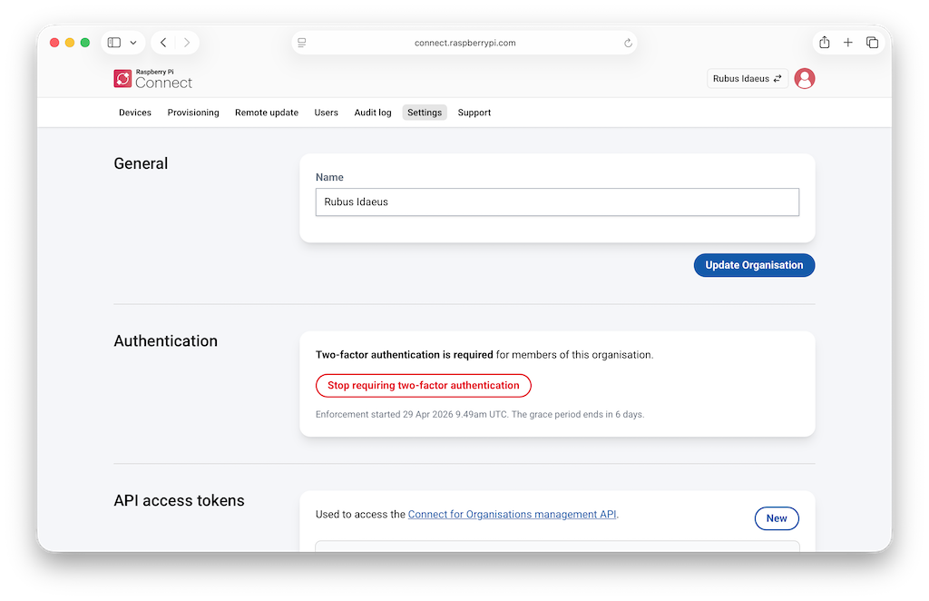 The Connect organisation settings interface, showing organisation name and other data fields for your organisation.