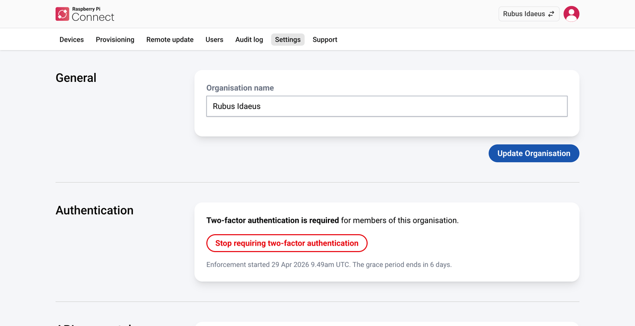 The Connect organisation settings interface, showing organisation name and other data fields for your organisation.
