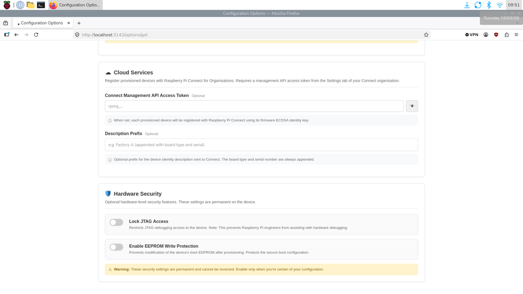 The Cloud Services section of the provisioning web UI showing the field for the API access token and an optional prefix field
