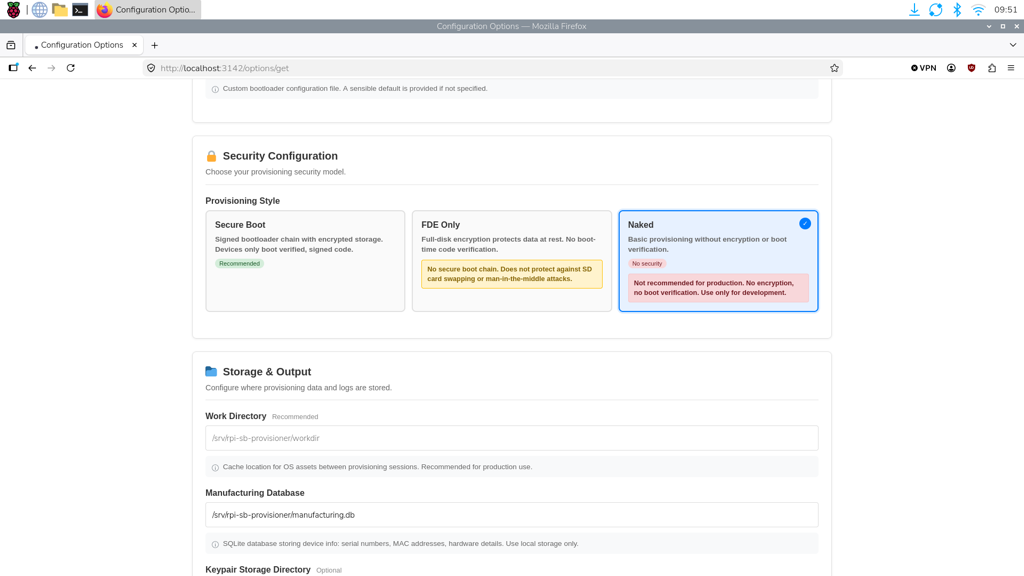 The provisioning web UI showing naked security configuration selected