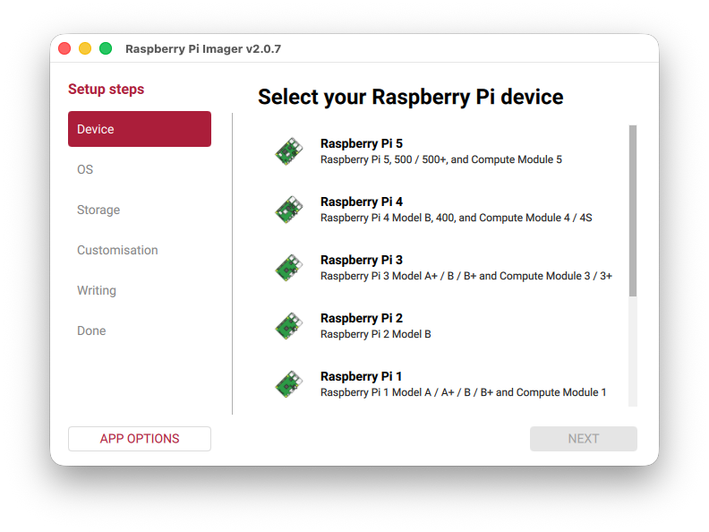 Raspberry Pi Imager open, showing the device page with a range of Raspberry Pi devices you can select