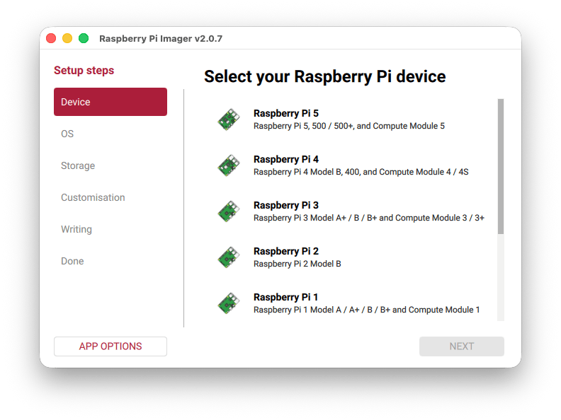 Raspberry Pi Imager open, showing the device page with a range of Raspberry Pi devices you can select