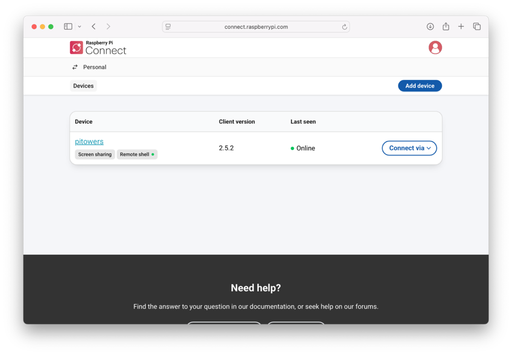 The Connect interface, showing the Devices list, with the Remote shell icon containing a green circle. This indicates that a remote shell session is in progress.