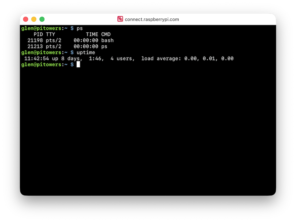 Window showing an open connection using the remote shell.