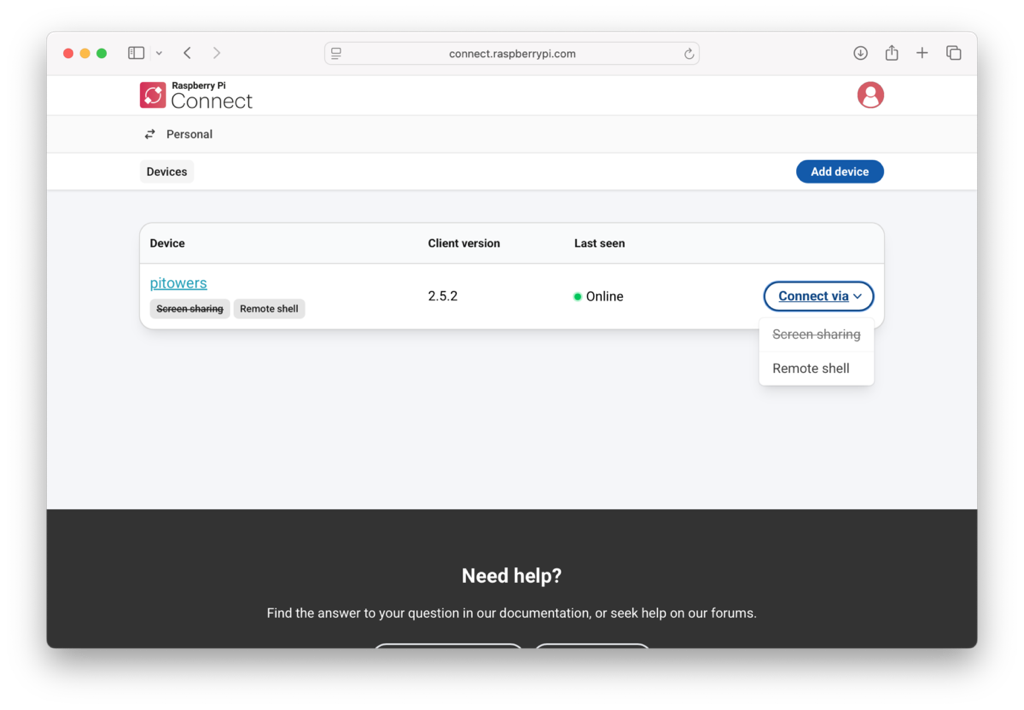 The Connect interface, showing the Devices list, with the words 
