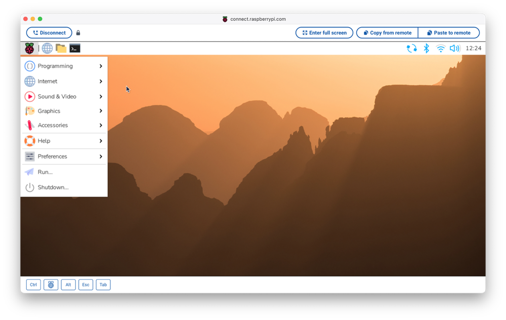 The Connect page, showing the Raspberry Pi dropdown menu.