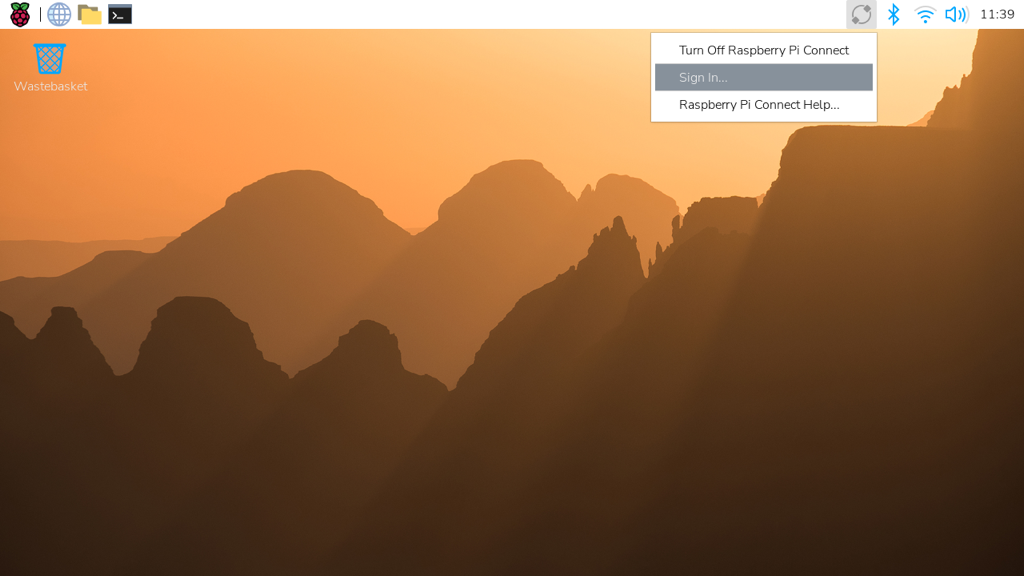 The Connect page, showing sign in selected from the Raspberry Pi Connect drop down menu.