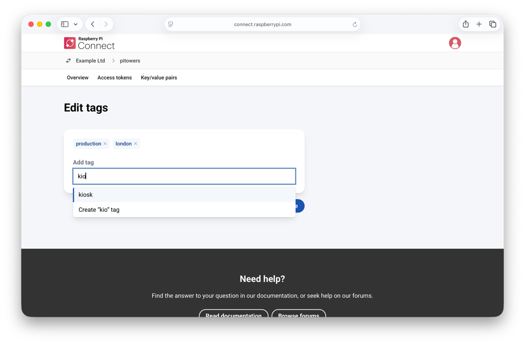 The Edit tags dialog, showing applied tags and the autocomplete dropdown with suggestions.