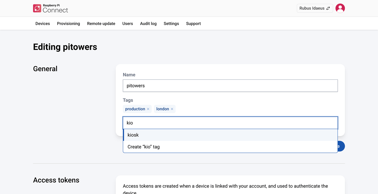 The Edit tags dialog, showing applied tags and the autocomplete dropdown with suggestions.