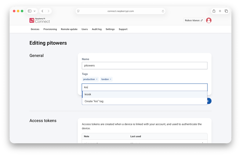 The Edit tags dialog, showing applied tags and the autocomplete dropdown with suggestions.