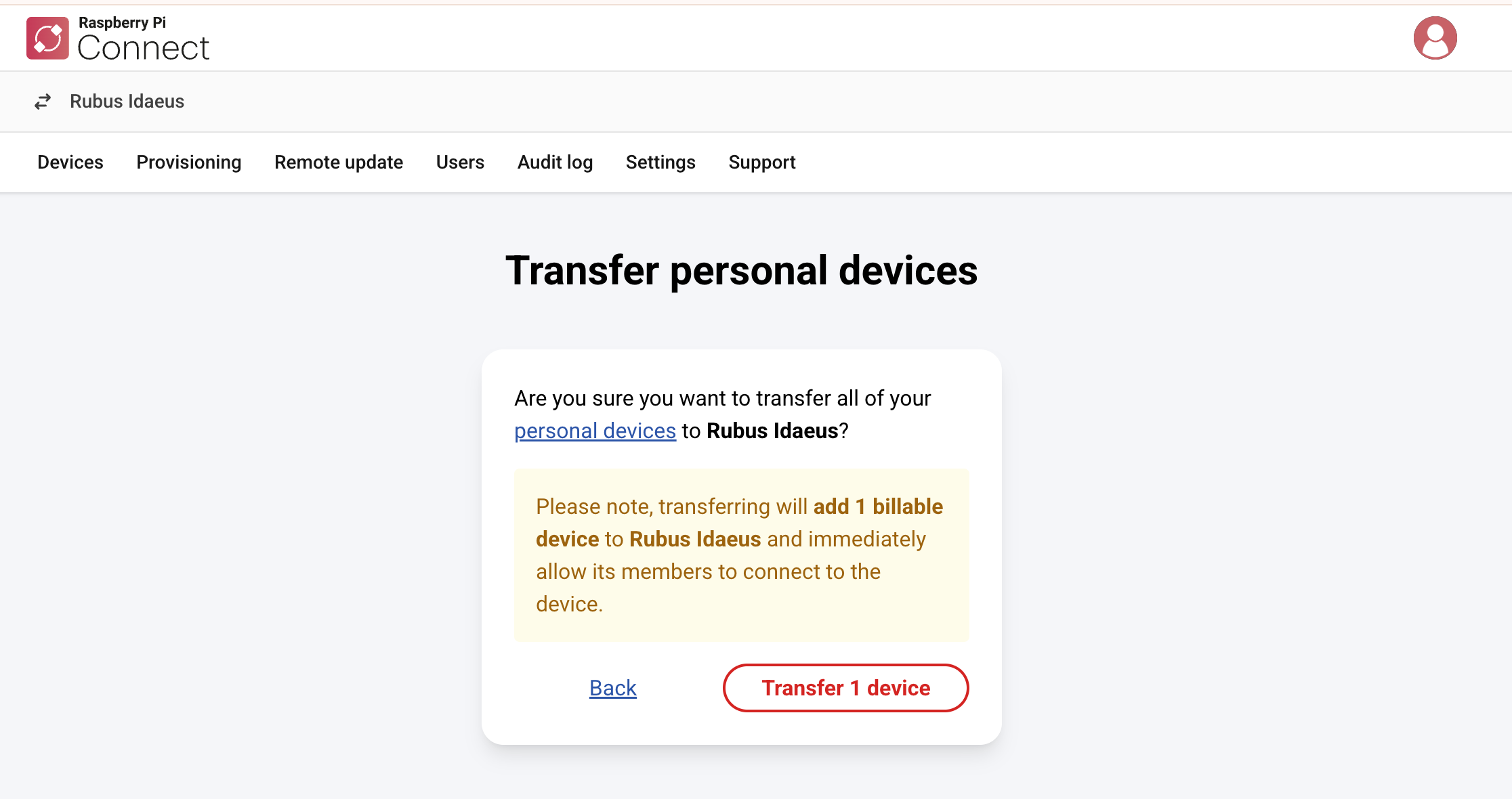 The Raspberry Pi Connect interface, checking whether you want to import devices to an organisation Connect account.
